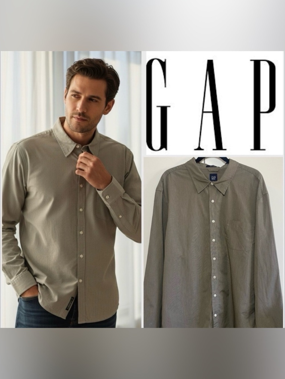 Gap 100% Cotton Fitted Tan White Stripe Button Down Long Sleeve Collared Shirt